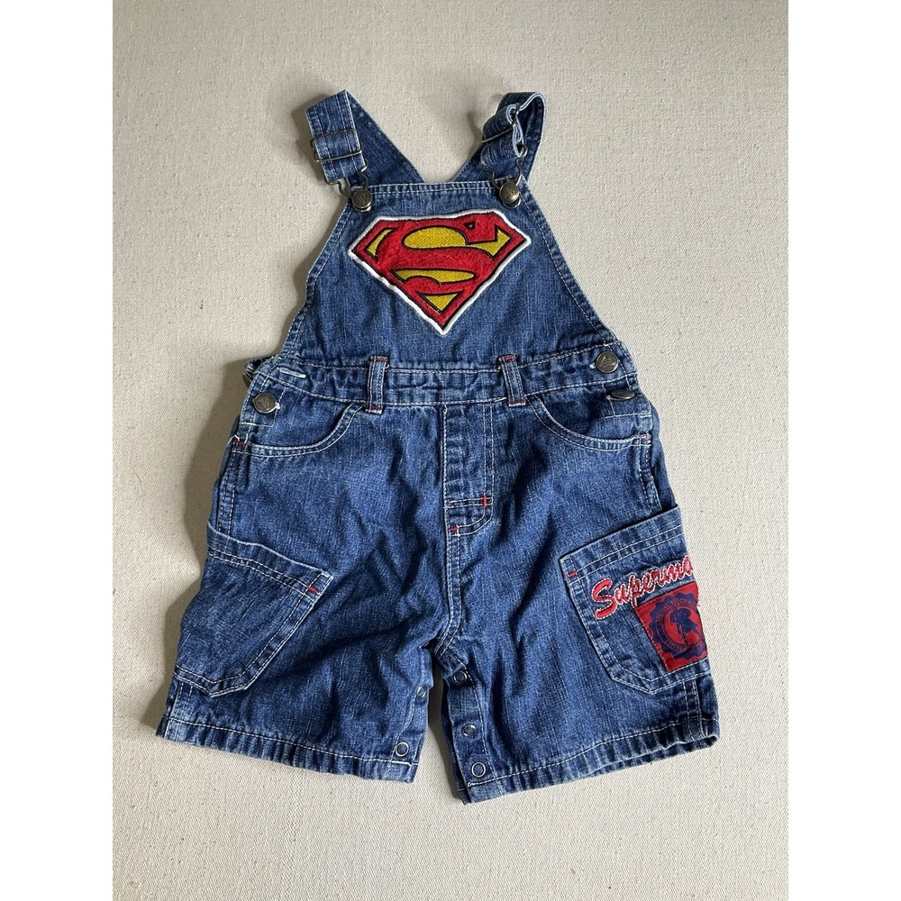 Vintage Marvel Toddler Boys Bib Overalls Shorts Superman Size 18M Rare Y2K - Picture 1 of 5
